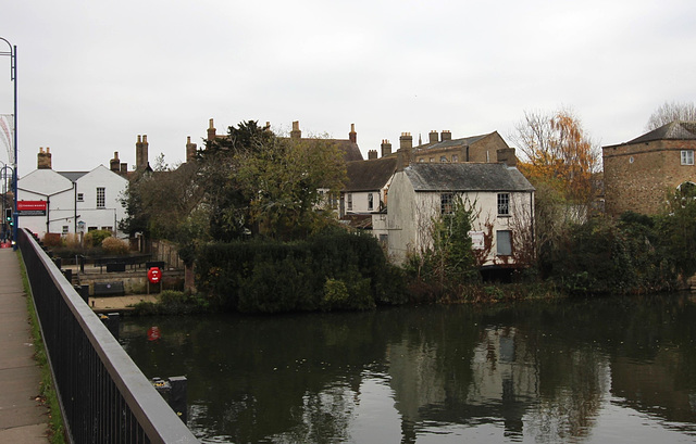River view of the derelict The Old Falcon Inn, Market Place, St Neots, Cambridgeshire