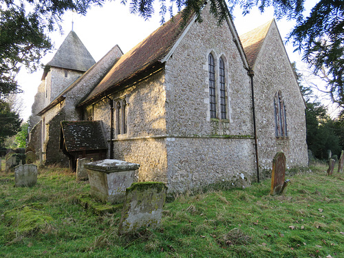 sellindge church, kent, c13 chancel, c19 porch, c14 n.chapel