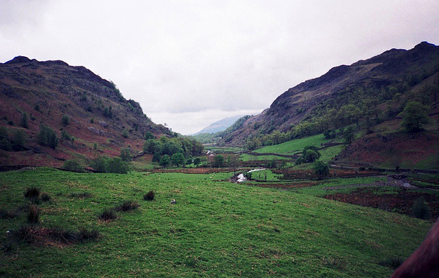 Looking back along Watendlath Beck with Ether Knott on the left and Reecastle Crag to the right  (Scan from May 1991)