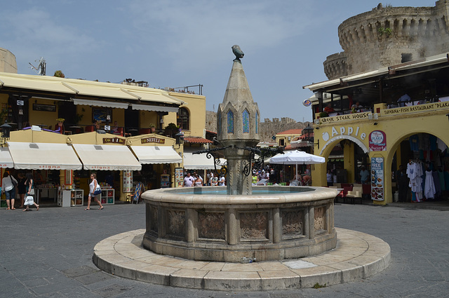 Castellania Fountain on Ippokratous Square in the Old Town of Rhodes