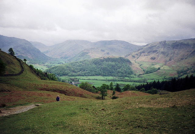 Looking down to Rosthwaite  from near Puddingstone Bank (Scan from May 1991)