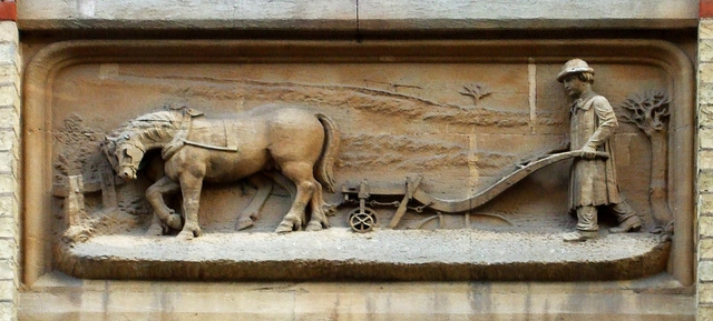 Cambridge - Corn Exchange, relief showing ploughing 2014-01-13