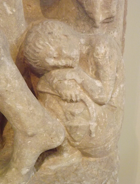 Detail of a Grave Stele from the Kerameikos in Athens with a Young Man, his Father and a Slave in the National Archaeological Museum of Athens, May 2014