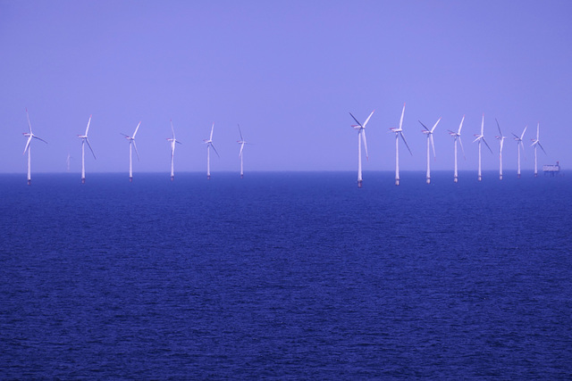 Zwei Reihen eines Windparkfeldes vor Esberg