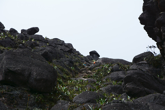 Venezuela, Roraima, The Halt for Rest before Reaching the Flat Surface of the Plateau while Climbing along the South-West Ascent Trail