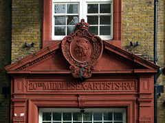 London - Middlesex (Artists') Rifle Volunteers' drill hall (former), Duke's Road, Holborn - detail 2014-10-30