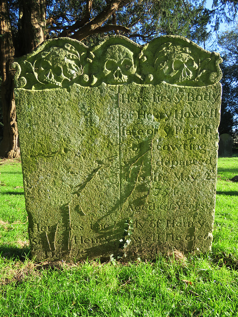 stowting church, kent,  c18 skulls on tombstone of henry howell +1754