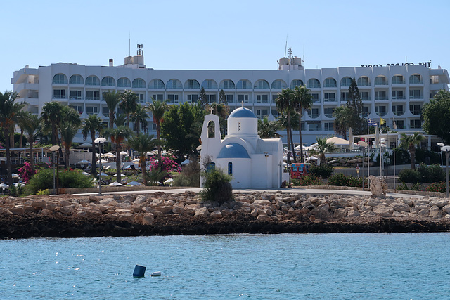 St Nikolaios Church in front of The Golden Coast hotel