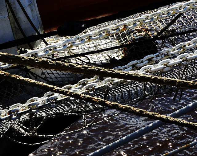 Ropes, chains and safety net aboard the Tall Ship Stavros S Niarchos