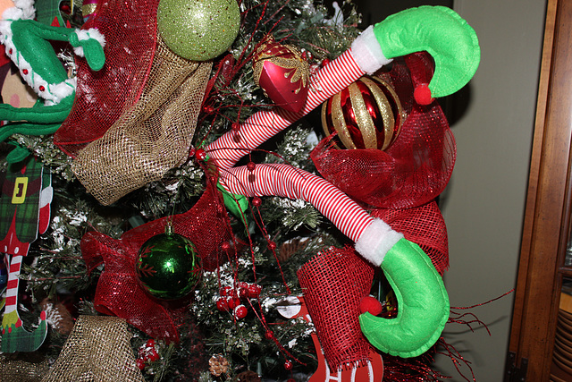 This silly Elf dove into our Christmas Tree, and hasn't come out !!!   what do we do??  :)))