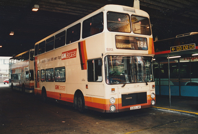 GM Buses North 5313 (D313 LNB) in Chorlton Street coach station, Manchester – 16 Apr 1995 (261-35) GM Buses North 5313 (D313 LNB) in Chorlton Street coach station, Manchester – 16 Apr 1995 (261-35)