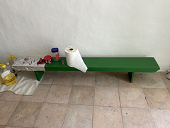 A bench, used as a table.
