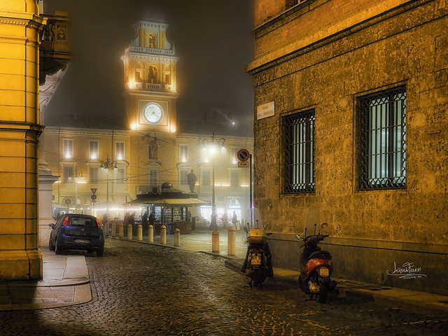 Parma, Garibaldi square by winter night.