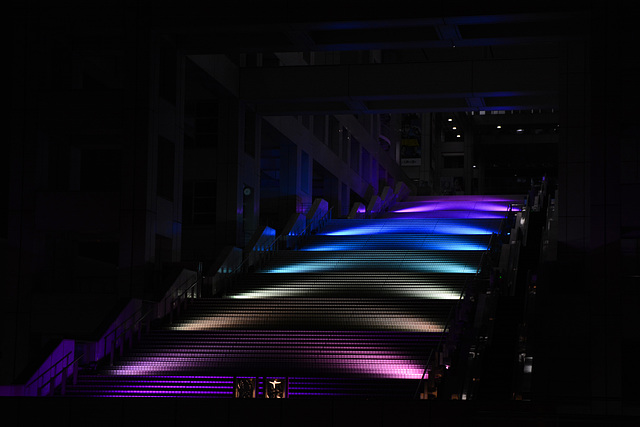 Japan, Tokyo, Color Lights of the Stairway of Fuji Television