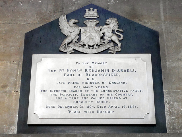 Stamford - St Martin - memorial to Benjamin Disraeli in Cecil family chapel 2015-02-18