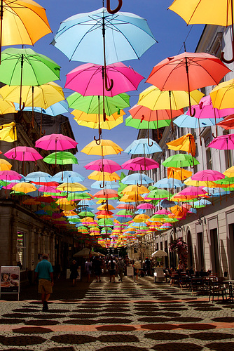 Old town street with colored umbrellas decoration in Timisoara