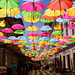 Old town street with colored umbrellas decoration in Timisoara