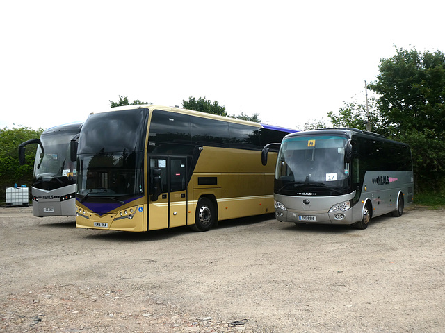 Neals OIG 6927 (BX12 CUK) and OIG 6915 (YJ16 USZ, EX16 GAR) plus Andrews Coaches OW15 WKA (X90 OBC, GO02 NCL) at Neal's, Isleham - 27 May 2022 (P1110966)