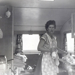 My mother in the caravan, late 1950s