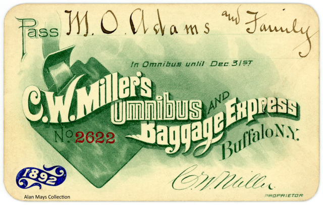 C. W. Miller's Omnibus and Baggage Express Pass, Buffalo, N.Y., 1892