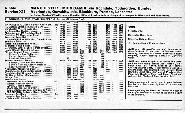 Ribble Manchester-Burnley-Morecambe service X14 timetable – 1 December 1973