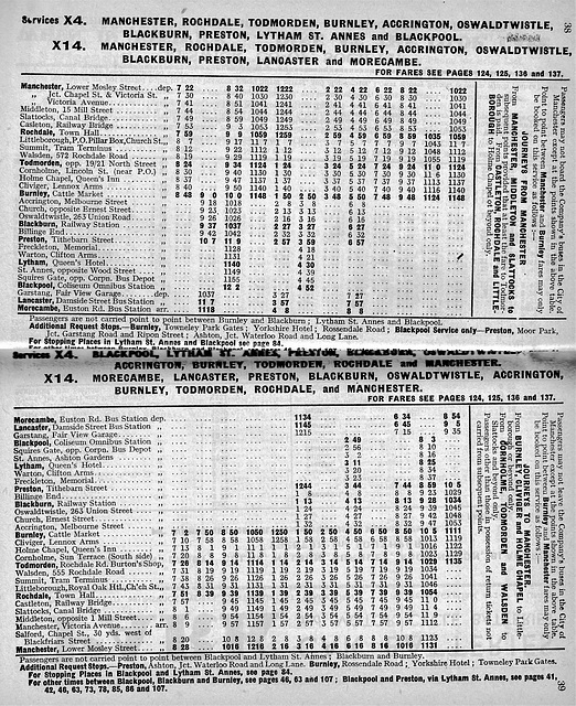 Ribble services X4 and X14 timetable – 4 Jun to 25 Sep 1949