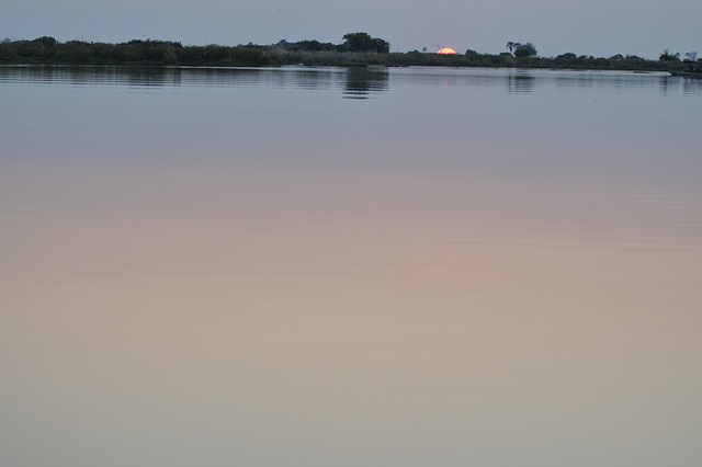 Impresigaj koloroj de la akvo dum la sunsubiro. Okavango-Delto