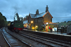 Walls of Highley Station on a rainy night