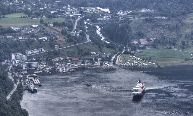 Geiranger village seen from Ørnesvingen viewpoint.