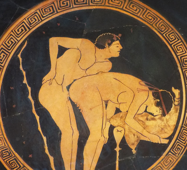 Detail of a Kylix with a Sexual Encounter Attributed to the Foundry Painter in the Getty Villa, June 2016