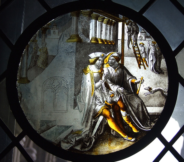 Mordecai Overhearing the Conspirators Stained Glass Roundel in the Cloisters, October 2010