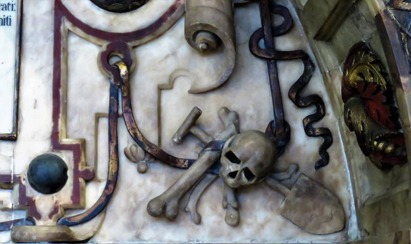 derby cathedral (14)skull, bones and spade on c17 tomb of elizabeth , countess of shrewsbury a.k.a. bess of hardwick +1608, designed by robert smythson and erected in 1601