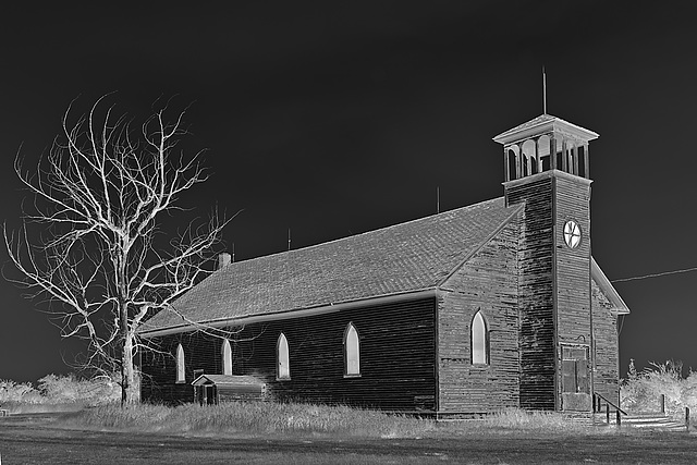 abandoned church and tree - infrared