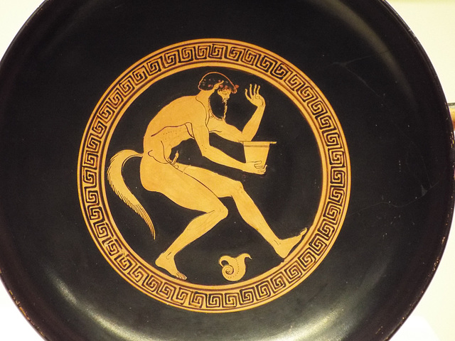 Detail of a Kylix with a Crouching Satyr Attributed to Makron in the Getty Villa, June 2016