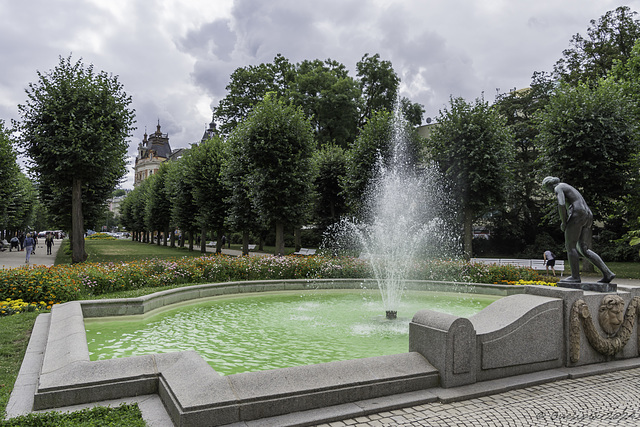 Brunnen mit der 'Skulptur eines Mädchens' vor dem Elisabethbad - mit Blick auf den Smetana Park  (© Buelipix)