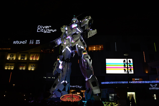 Tokyo, Unicorn Gundam Statue at Night