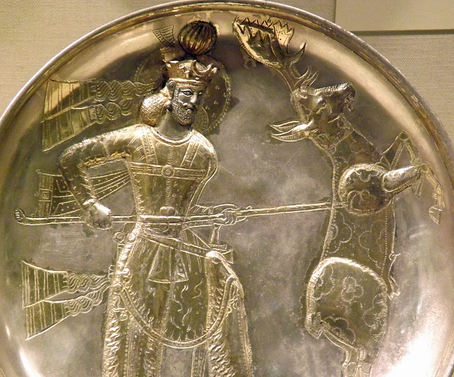Detail of a Sasanian Plate with King Yazdgard I Slaying a Stag in the Metropolitan Museum of Art, February 2014