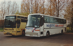 Wallace Arnold N225 HWX and Dawlish Coaches M587 KTT at the Smoke House, Beck Row – wc 29 Apr 1996 (309-01)