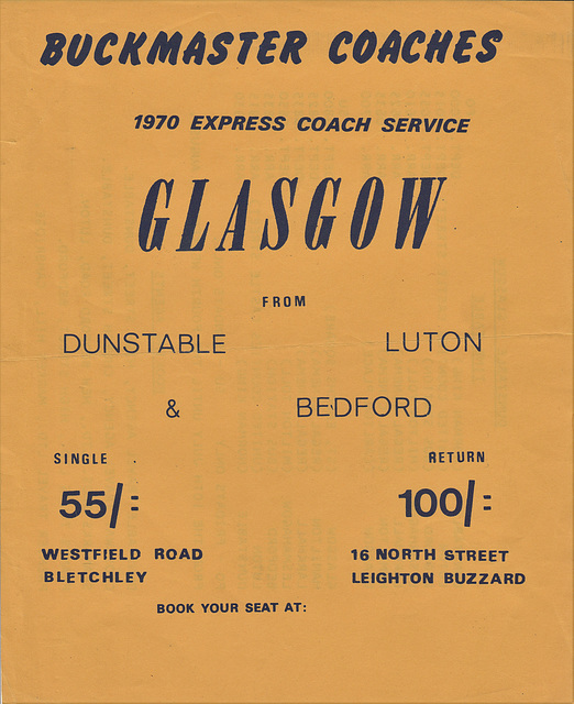 Buckmaster Dunstable-Glasgow service timetable 1970 Side 1