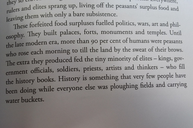 Quote from Sapiens: “History is something that very few people have been doing while everyone else was ploughing ﬁelds and carrying water buckets.”