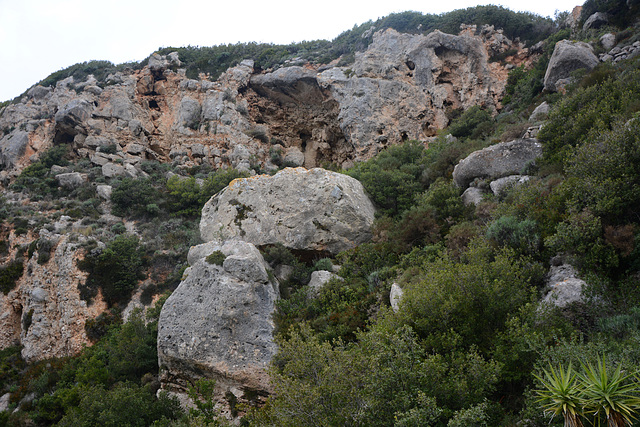 Greece, Kerkyra (Corfu), Huge Boulders on the Steep Slope of Angelocastro Cliff