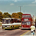 London and Country 109? (109 CRC ex A103 HNC) and London Buses M199 (BYX 199V) at Hampton Court – 19 Aug 1989