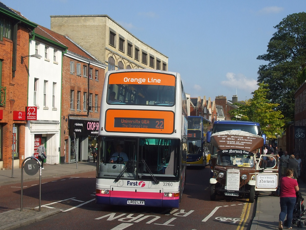 DSCF1548 First Eastern Counties Buses LR02 LXV and Fred Agombar E855 VND in Norwich - 11 Sep 2015