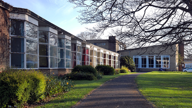 Impington Village College - Adult wing and asssembly hall from N 2015-04-21