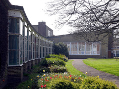 Impington Village College - Adult wing and assembly hall from N 2015-04-10