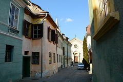 Romania, Sighişoara, Bastionului Street and St.Josef Church
