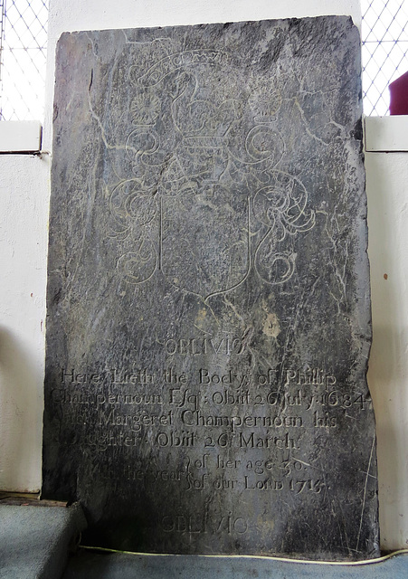 modbury church, devon,1684 heraldic incised tomb slab to philip champernoun