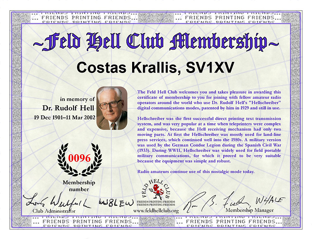 Feld Hell Club membership certificate