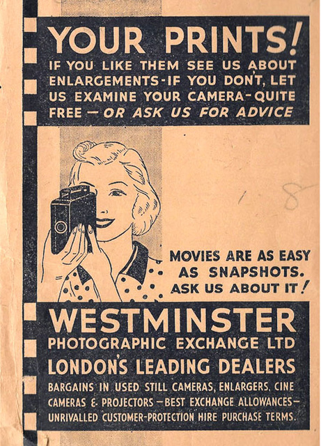 Movie camera advert on Westminster Photographic Exchange Ltd print wallet