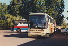 Wallace Arnold M175 UWY and Dawlish Coaches F996 HGE at the Smoke House Inn, Beck Row – 30 May 1997 (358-09)